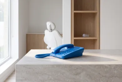 A blue desk phone on a travertine front desk, a treatment chair behind