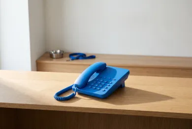 A blue desk phone on an oak clinic counter, a leash and a water bowl behind