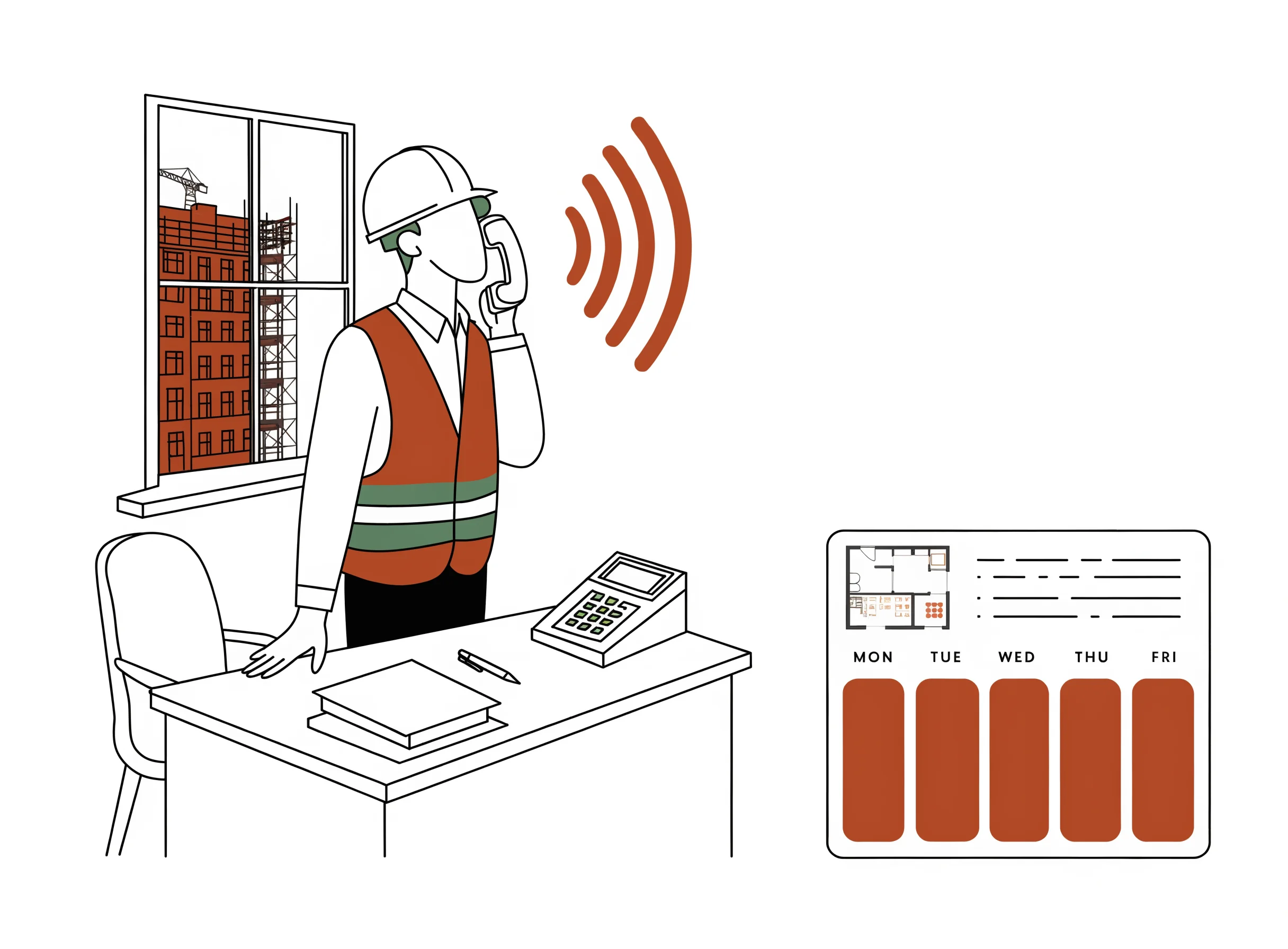 NYC general-contractor field office with a contractor in a hard hat lifting a phone, terracotta sound-wave arcs flowing toward a job-card and a crew calendar; scaffolded brownstone visible through the window