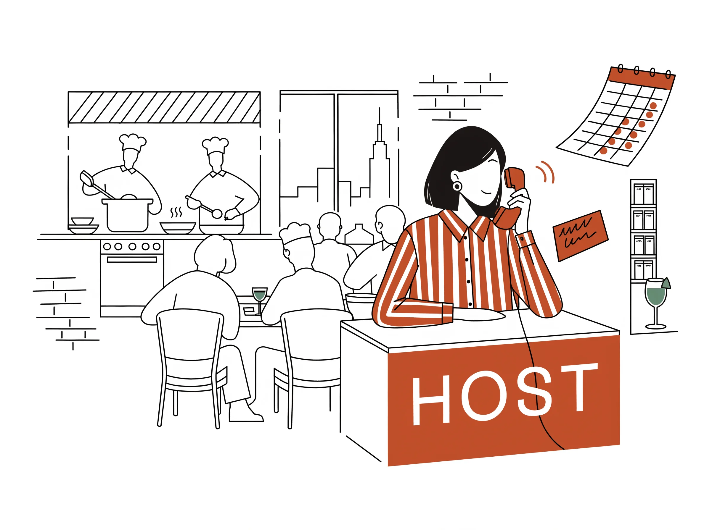 NYC neighborhood restaurant during dinner rush, owner at the host stand with phone receiver lifted, sound-wave arcs flowing toward a reservation card and time-slot calendar