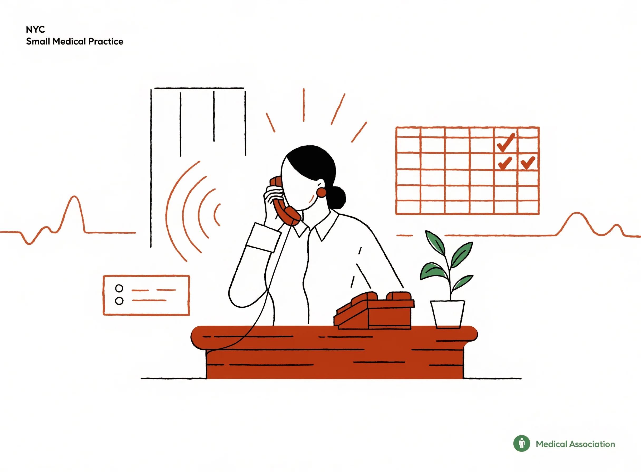 Small NYC medical practice reception with the front-desk manager holding a phone, sound-wave arcs drifting to an appointment card and a calendar grid